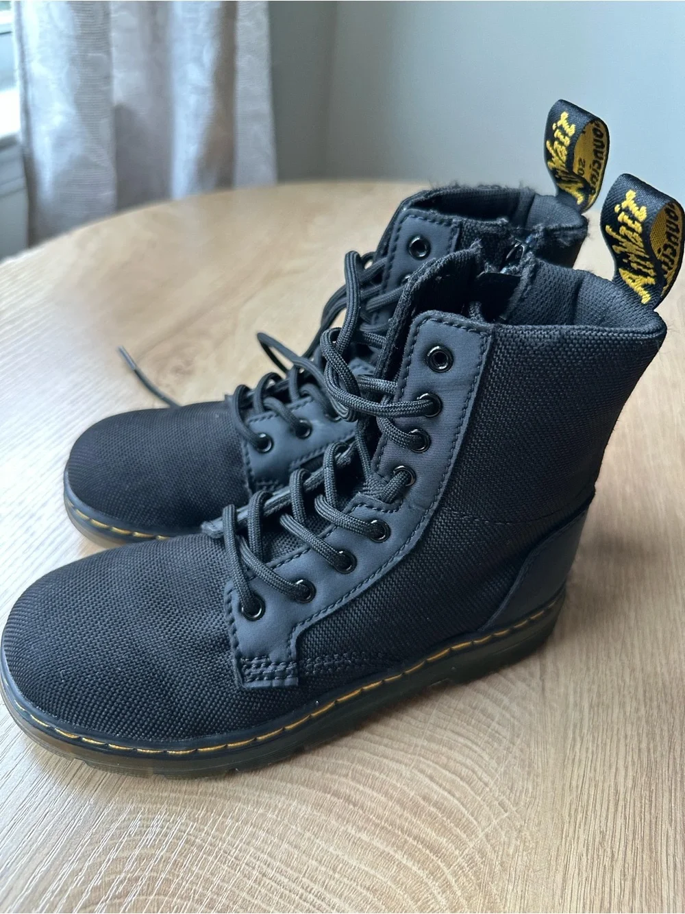 Dr. Martens Kids Black Nylon Lace-Up Ankle Boots with Yellow Stitching